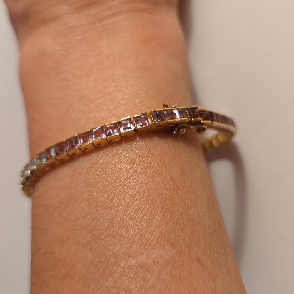 Rainbow Colored Stone Gold Over  925 Sterling Tennis Bracelet